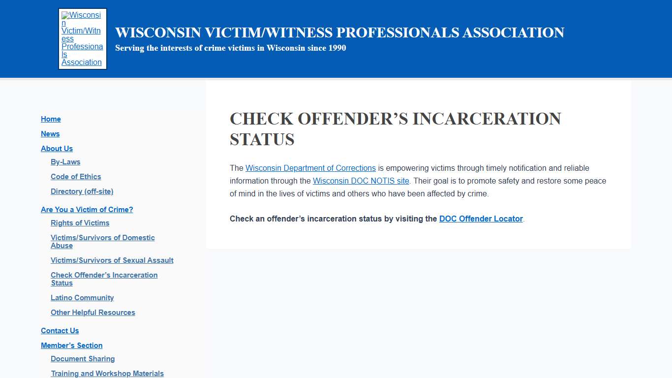 Check Offender’s Incarceration Status – Wisconsin Victim/Witness Professionals Association